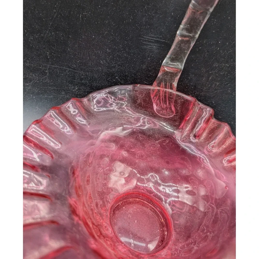 Vintage Cranberry Glass Basket Diamond Quilt Ruffled Rim Clear Thorn Handle Pink